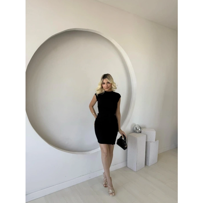 Kadın Kısa Kap Kollu Bisiklet Yaka Belden Bağlamalı Modal Mini Elbise