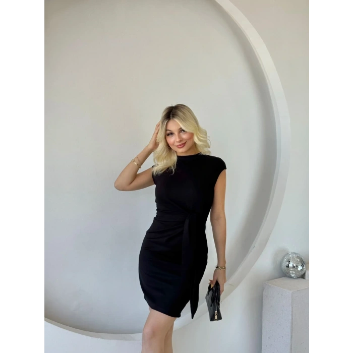 Kadın Kısa Kap Kollu Bisiklet Yaka Belden Bağlamalı Modal Mini Elbise