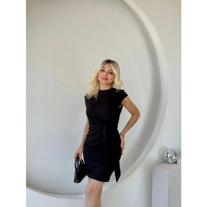 Kadın Kısa Kap Kollu Bisiklet Yaka Belden Bağlamalı Modal Mini Elbise