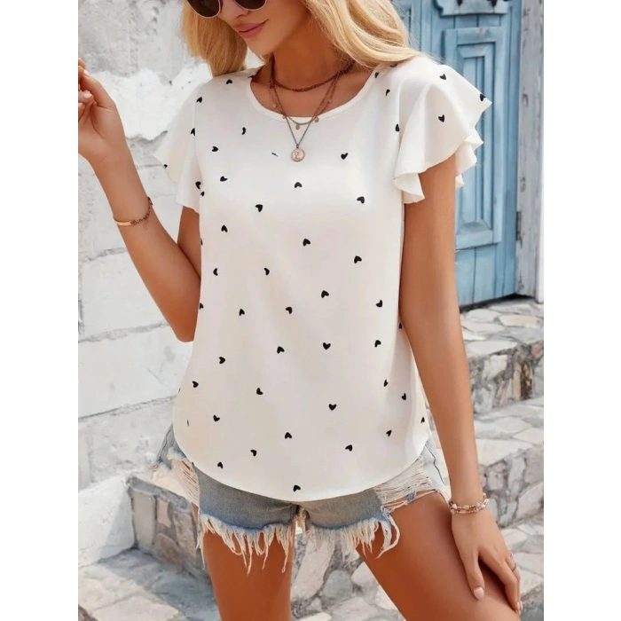 Kadın Kısa Kelebek Kollu Bisiklet Yaka Kalp Desenli Süprem Bluz