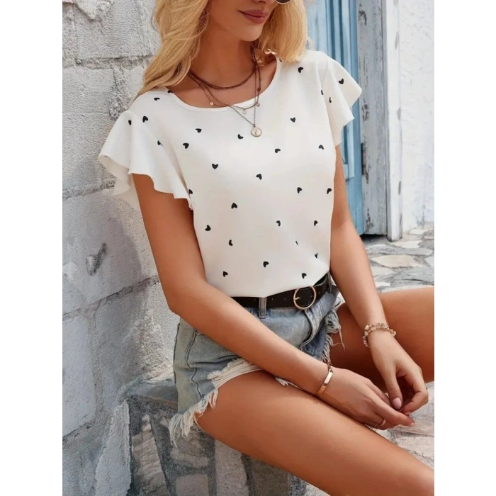Kadın Kısa Kelebek Kollu Bisiklet Yaka Kalp Desenli Süprem Bluz