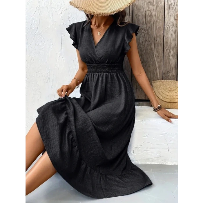 Kadın Kısa Kelebek Kollu Kruvaze Yakalı Beli Lastikli Aerobin Elbise