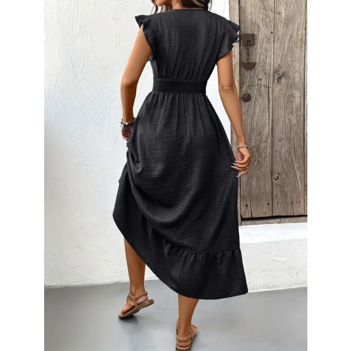 Kadın Kısa Kelebek Kollu Kruvaze Yakalı Beli Lastikli Aerobin Elbise