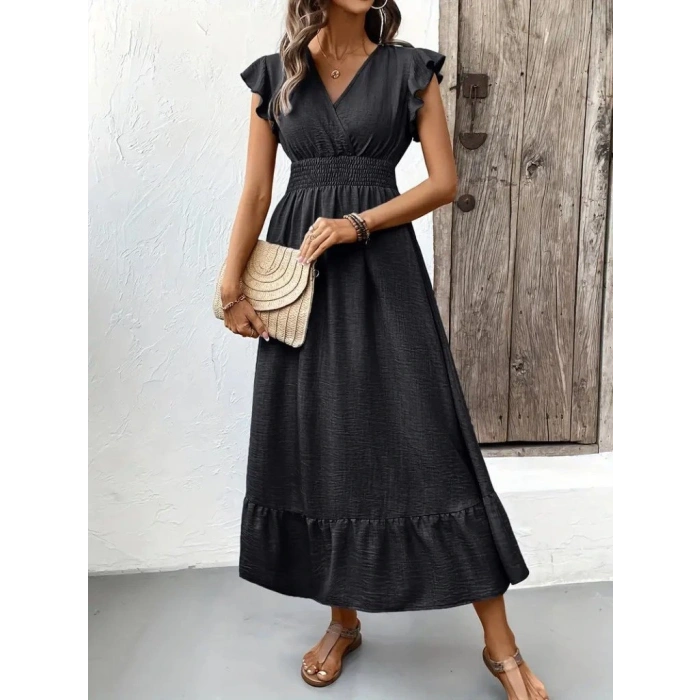 Kadın Kısa Kelebek Kollu Kruvaze Yakalı Beli Lastikli Aerobin Elbise