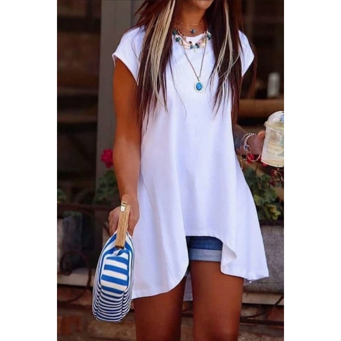 Kadın Kısa Kollu Asimetrik Viskon Kumaş Bluz