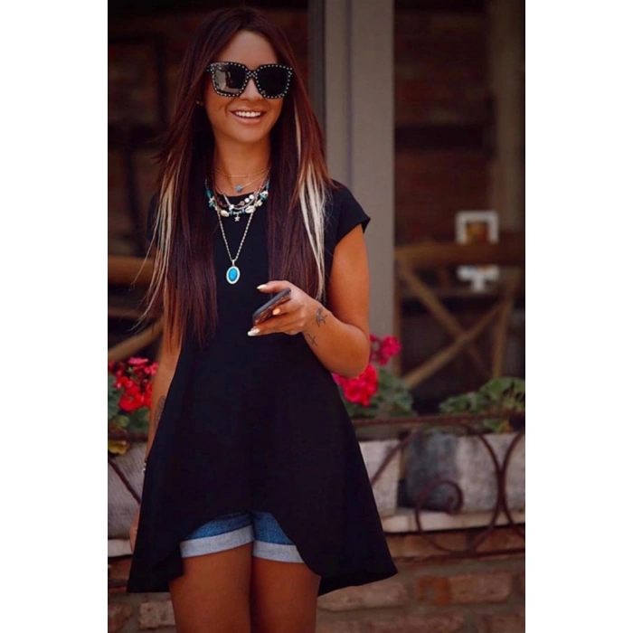 Kadın Kısa Kollu Asimetrik Viskon Kumaş Bluz