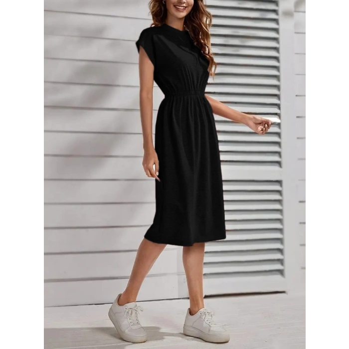 Kadın Kısa Kollu Bisiklet Yaka Belden Lastikli Midi Viskon Elbise