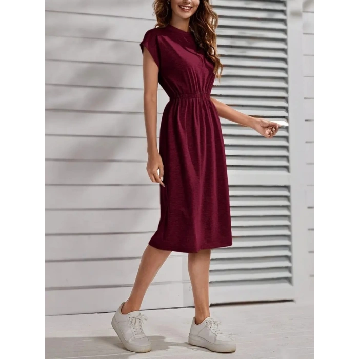 Kadın Kısa Kollu Bisiklet Yaka Belden Lastikli Midi Viskon Elbise