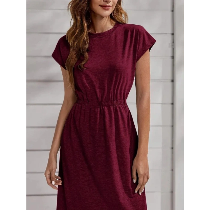 Kadın Kısa Kollu Bisiklet Yaka Belden Lastikli Midi Viskon Elbise