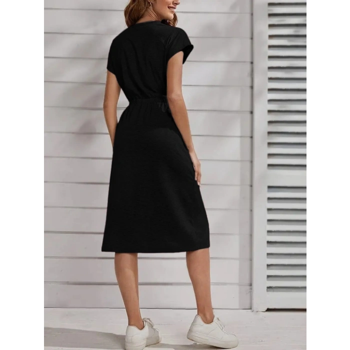 Kadın Kısa Kollu Bisiklet Yaka Belden Lastikli Midi Viskon Elbise