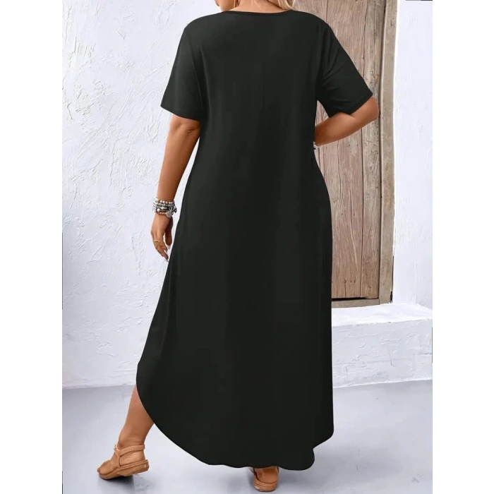 Kadın Kısa Kollu Bisiklet Yaka Cepli Salaş Viskon Elbise