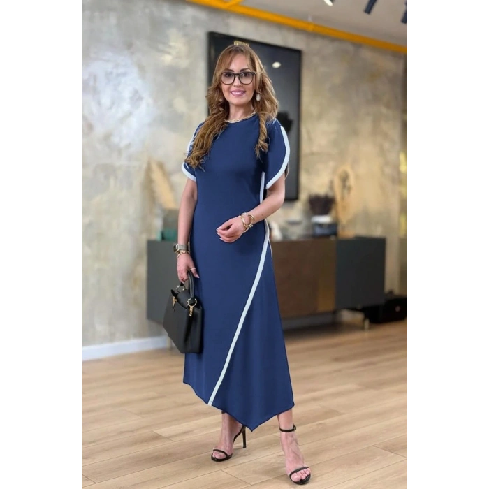 Kadın Kısa Kollu Bisiklet Yaka çift şerit Renk Detaylı Asimetrik Kesim Viskon Iki Iplik Elbise