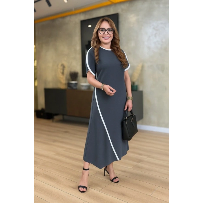 Kadın Kısa Kollu Bisiklet Yaka çift şerit Renk Detaylı Asimetrik Kesim Viskon Iki Iplik Elbise