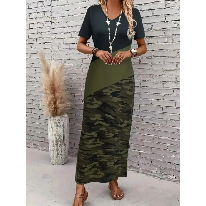 Kadın Kısa Kollu Bisiklet Yaka çok Renkli Maksi Viskon Elbise