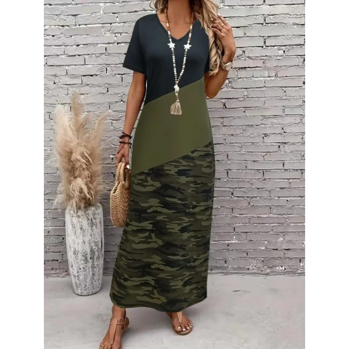 Kadın Kısa Kollu Bisiklet Yaka çok Renkli Maksi Viskon Elbise