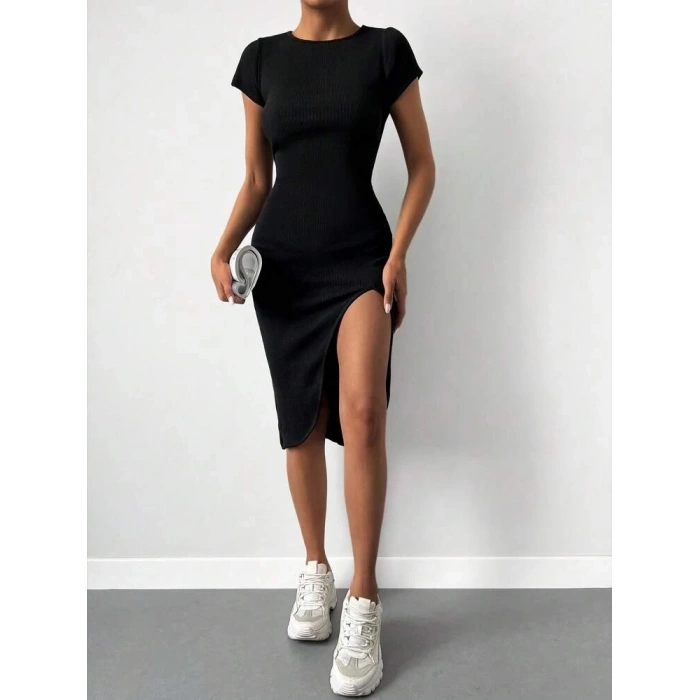 Kadın Kısa Kollu Bisiklet Yaka Derin Yırtmaçlı Kaşkorse Elbise