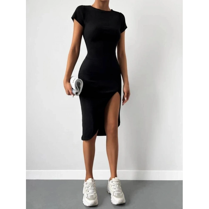 Kadın Kısa Kollu Bisiklet Yaka Derin Yırtmaçlı Kaşkorse Elbise