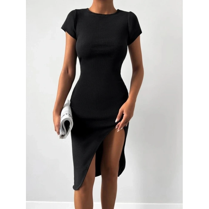 Kadın Kısa Kollu Bisiklet Yaka Derin Yırtmaçlı Kaşkorse Elbise