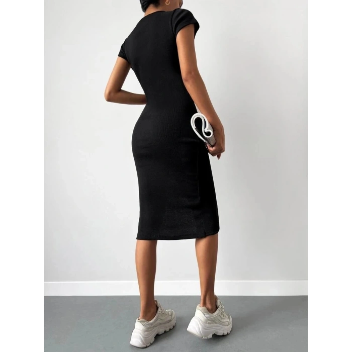 Kadın Kısa Kollu Bisiklet Yaka Derin Yırtmaçlı Kaşkorse Elbise