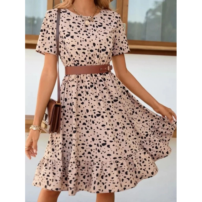 Kadın Kısa Kollu Bisiklet Yaka Desenli Süprem Elbise