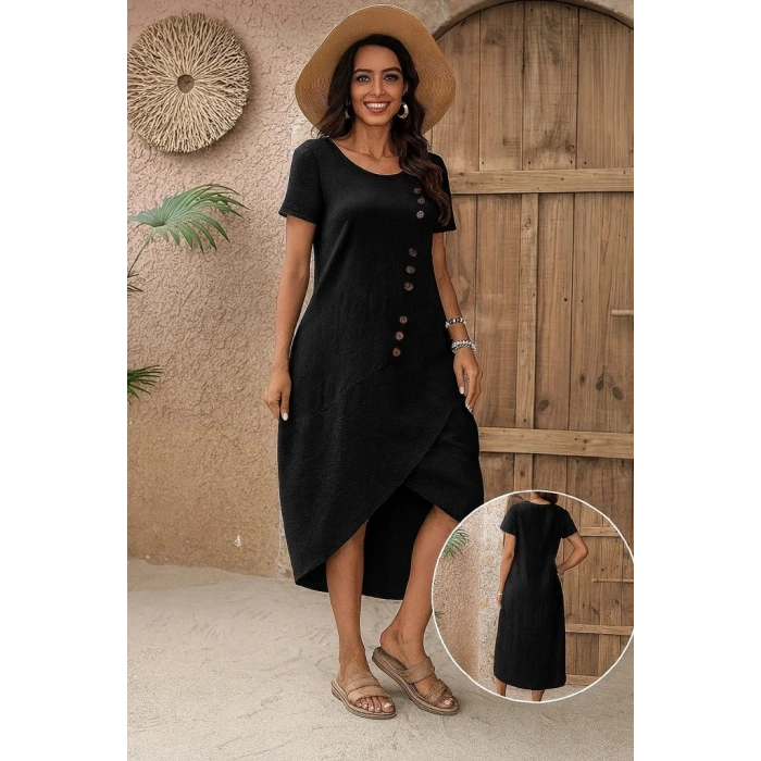 Kadın Kısa Kollu Bisiklet Yaka Düğme Detay Müslim Elbise