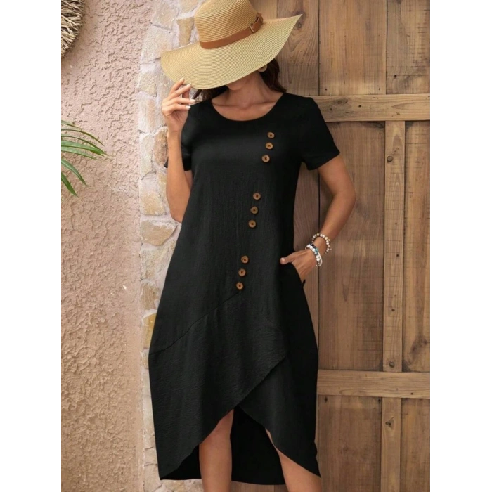Kadın Kısa Kollu Bisiklet Yaka Düğme Detay Müslim Elbise