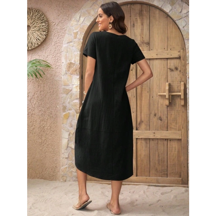 Kadın Kısa Kollu Bisiklet Yaka Düğme Detay Müslim Elbise