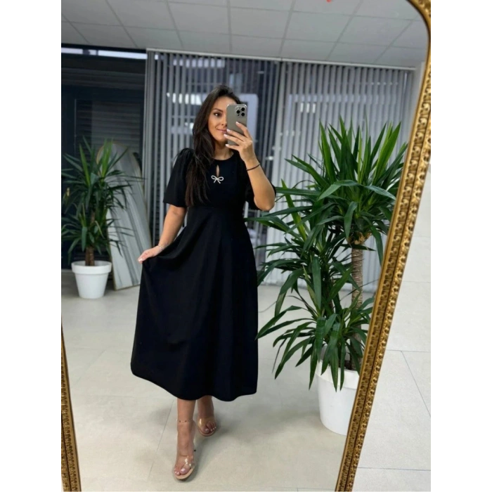 Kadın Kısa Kollu Bisiklet Yaka Fiyonk Broşlu Midi Janjan Krep Elbise