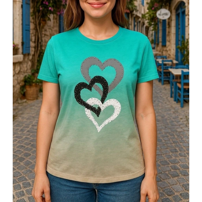 Kadın Kısa Kollu Bisiklet Yaka Kalp Baskılı Süprem Bluz