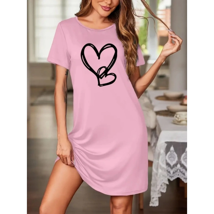 Kadın Kısa Kollu Bisiklet Yaka Kalp Desenli Viskon Elbise