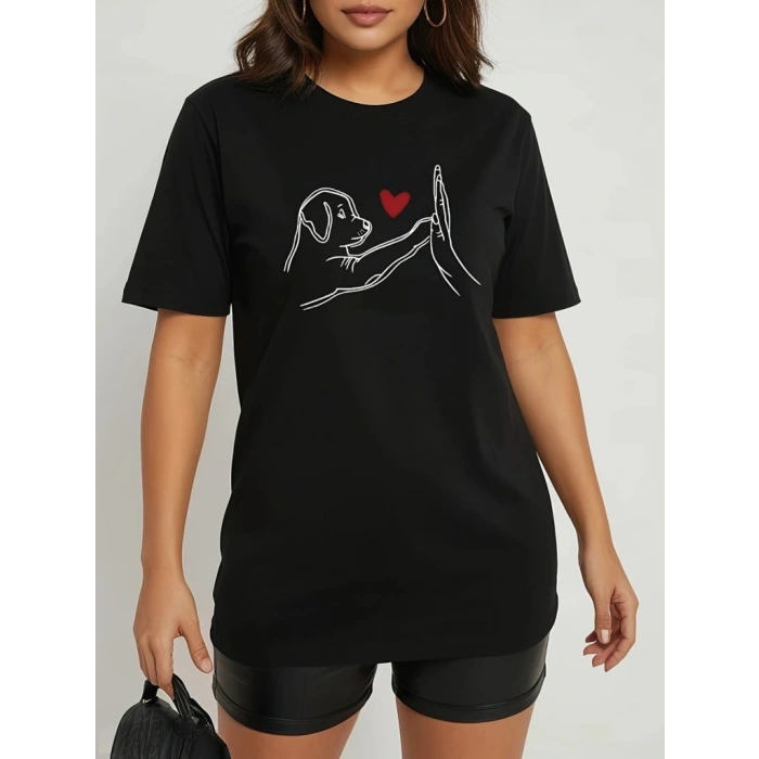 Kadın Kısa Kollu Bisiklet Yaka Köpek Baskılı Viskon Bluz