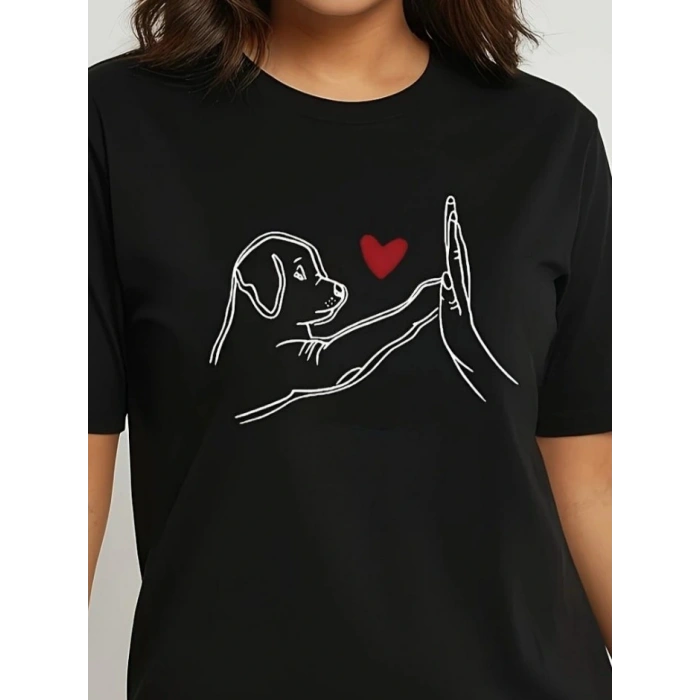 Kadın Kısa Kollu Bisiklet Yaka Köpek Baskılı Viskon Bluz