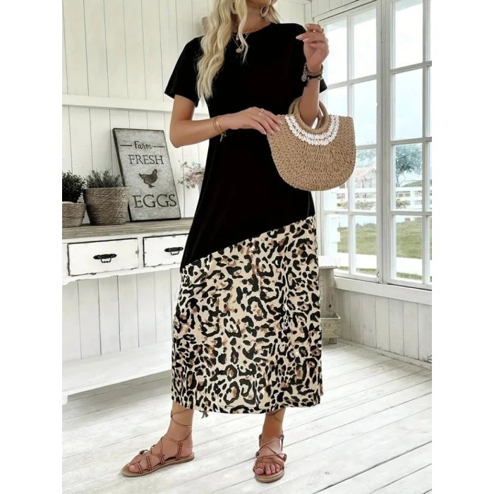 Kadın Kısa Kollu Bisiklet Yaka Leopar Detaylı Midi üst Viskon Alt Süprem Elbise