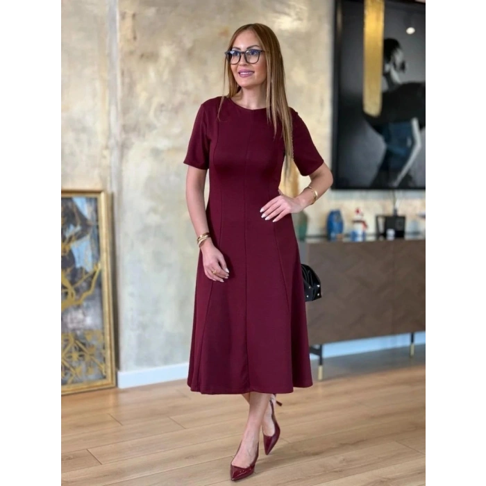 Kadın Kısa Kollu Bisiklet Yaka Midi Viskon Iki Iplik Elbise