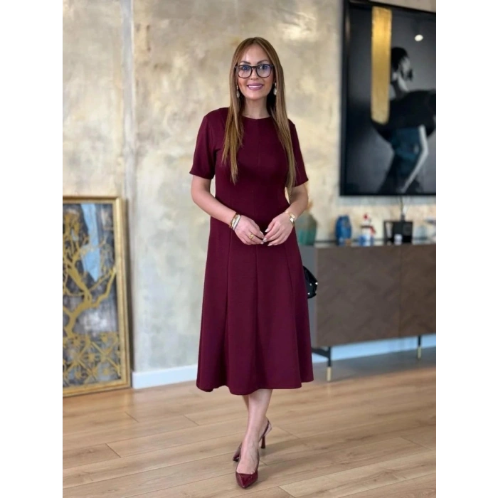 Kadın Kısa Kollu Bisiklet Yaka Midi Viskon Iki Iplik Elbise