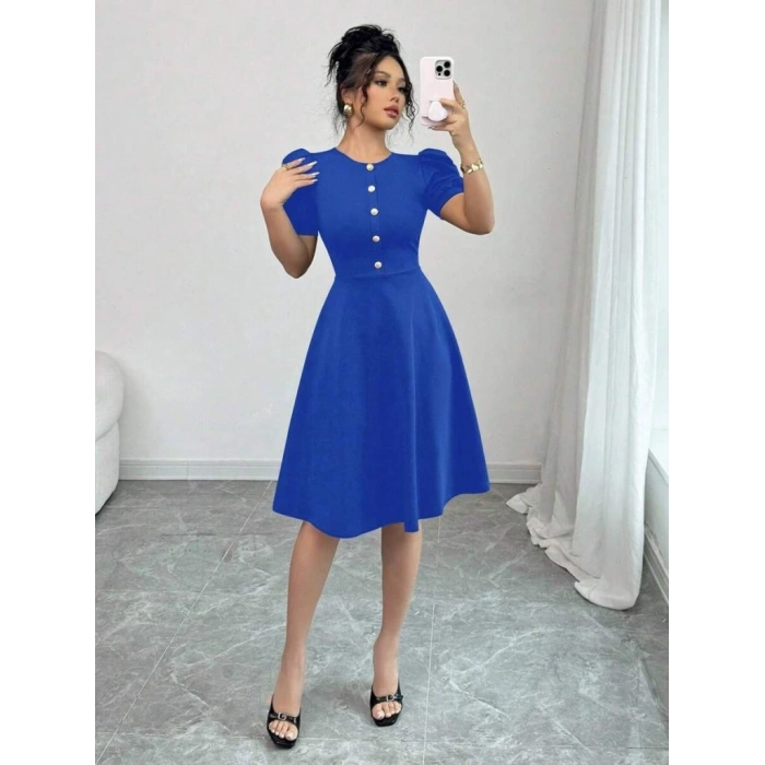 Kadın Kısa Kollu Bisiklet Yaka önden Düğmeli Ithal Krep Elbise