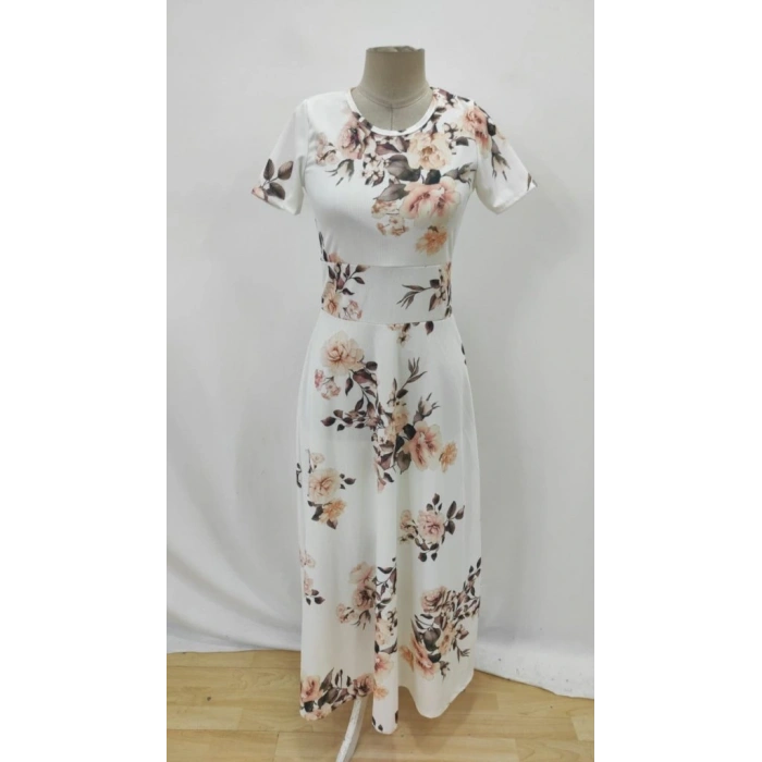 Kadın Kısa Kollu Bisiklet Yaka Puantiyeli Maksi örme Krep Elbise