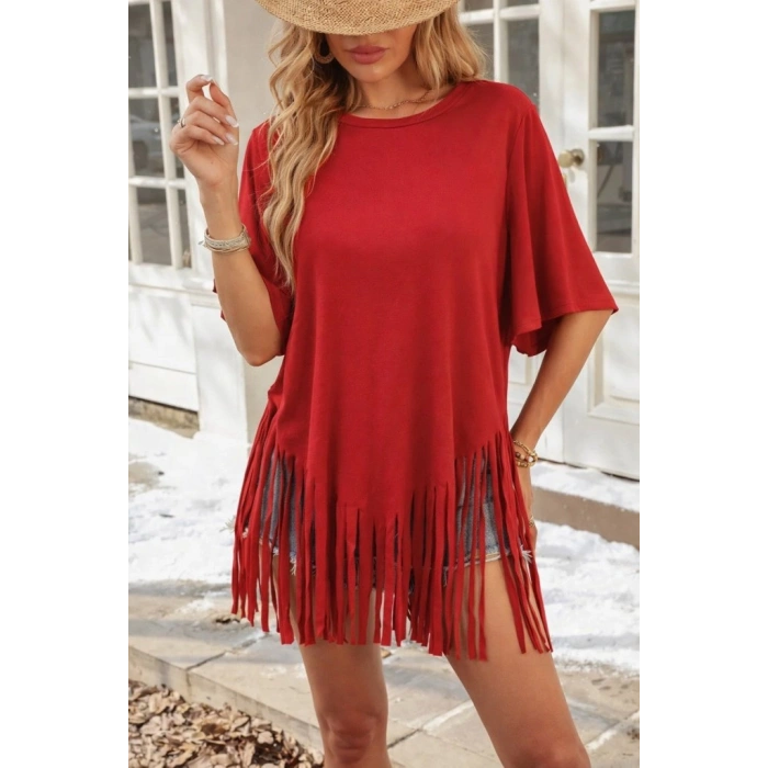 Kadın Kısa Kollu Bisiklet Yaka Püsküllü Viskon Bluz