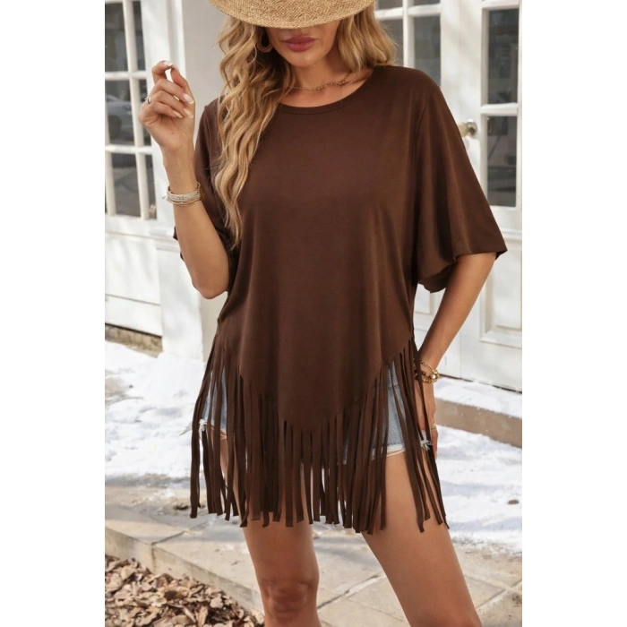 Kadın Kısa Kollu Bisiklet Yaka Püsküllü Viskon Bluz