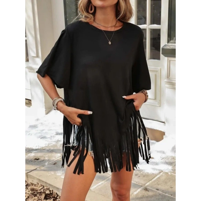 Kadın Kısa Kollu Bisiklet Yaka Püsküllü Viskon Bluz