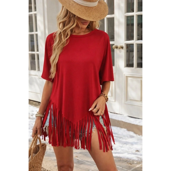 Kadın Kısa Kollu Bisiklet Yaka Püsküllü Viskon Bluz