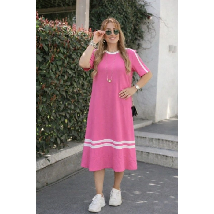 Kadın Kısa Kollu Bisiklet Yaka şerit Detaylı Midi Viskon Elbise