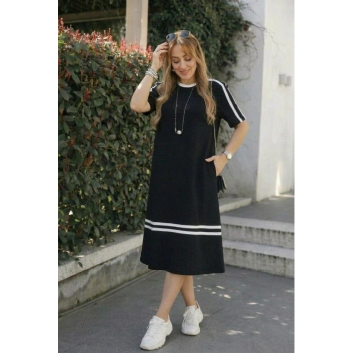 Kadın Kısa Kollu Bisiklet Yaka şerit Detaylı Midi Viskon Elbise