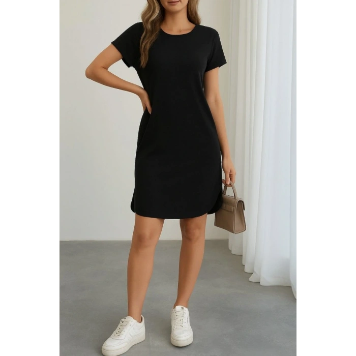 Kadın Kısa Kollu Bisiklet Yaka Viskon Iki Iplik Elbise