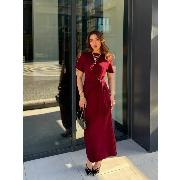 Kadın Kısa Kollu Bisiklet Yaka Yandan Bağlamalı Viskon Iki Iplik Elbise