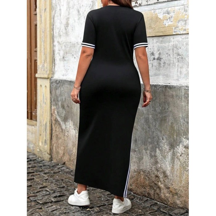 Kadın Kısa Kollu Bisiklet Yaka Yandan şerit Ve Yırtmaçlı Viskon Iki Iplik Elbise