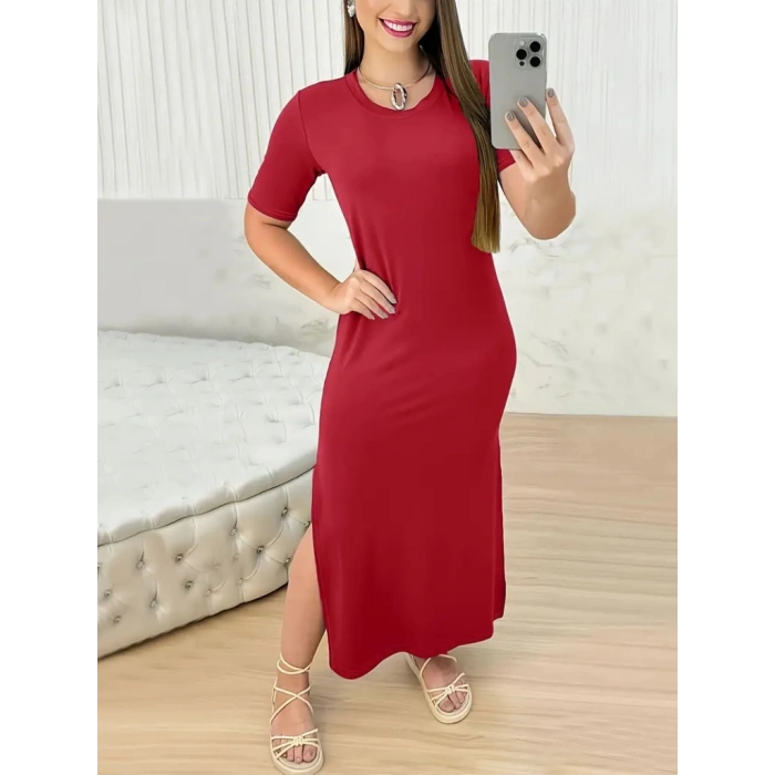 Kadın Kısa Kollu Bisiklet Yaka Yandan Yırtmaçlı Viskon Elbise