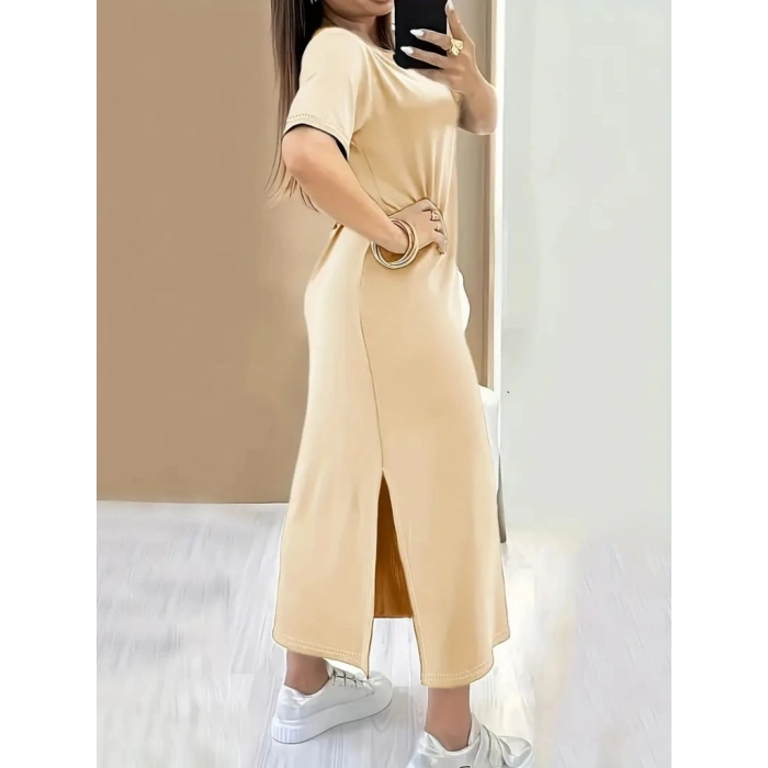 Kadın Kısa Kollu Bisiklet Yaka Yandan Yırtmaçlı Viskon Elbise