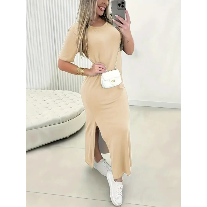 Kadın Kısa Kollu Bisiklet Yaka Yandan Yırtmaçlı Viskon Elbise