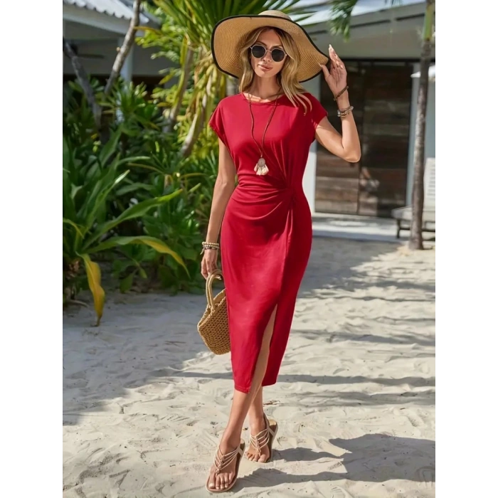 Kadın Kısa Kollu Bisiklet Yaka Yandan Yırtmaçlı Viskon Midi Elbise